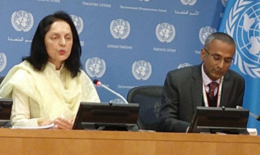 India's Permanent Representative Ruchira Kamboj speaks at a news conference at the United Nations on Thursday, December 1, 2022. Deputy Permanent Representative R. Ravindra is at right. (Photo: IANS/Arul Louis)